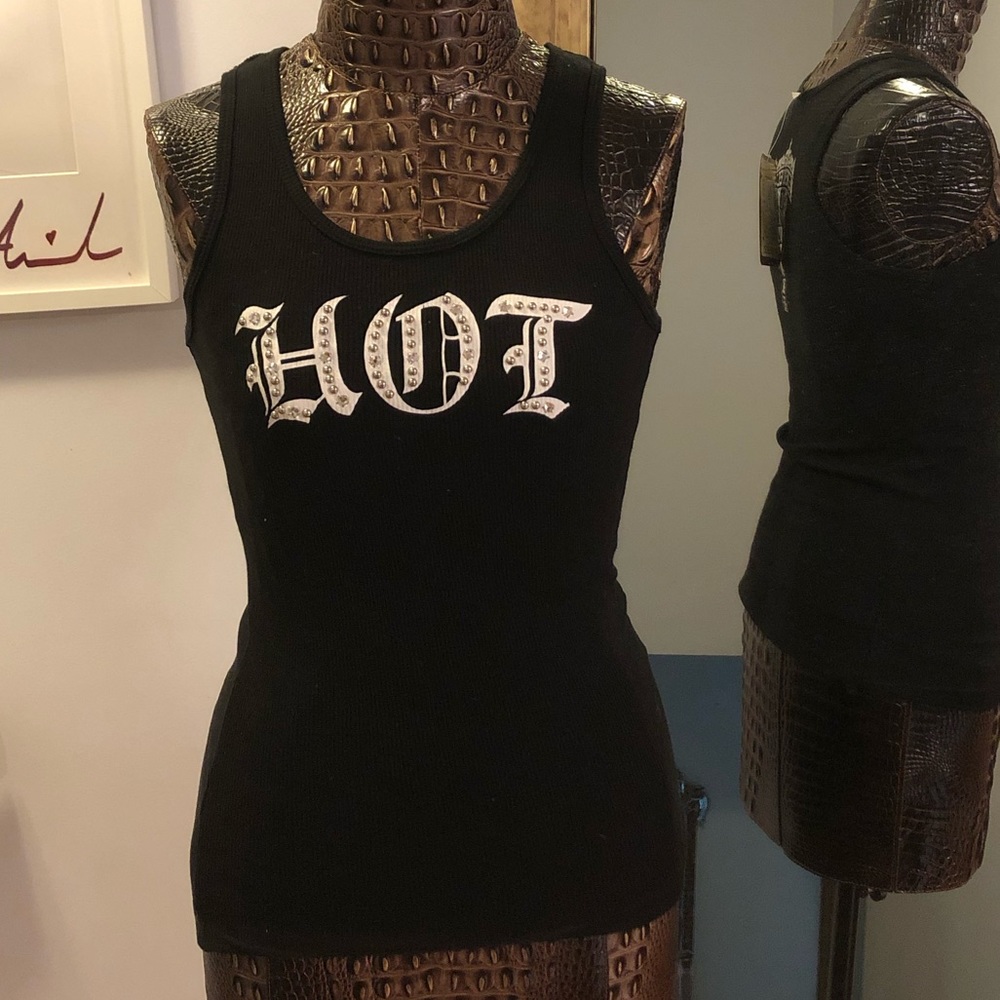 Black Tank Top “HOT” with Swarovski Crystals